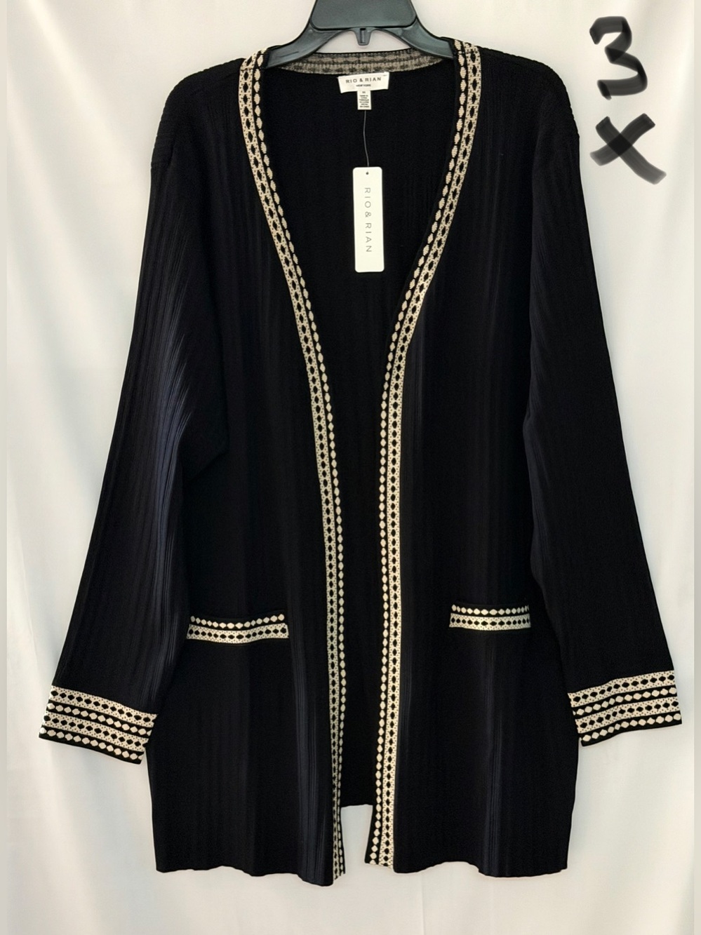 Black Open-Front Cardigan with Cream Trim